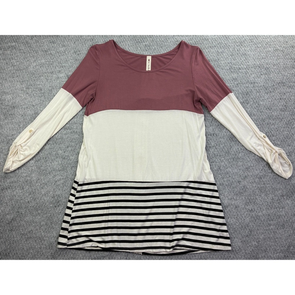 Vanilla Bay Women's M Mauve Ivory Black Colorblock Striped Tunic Top Lace Back